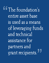 The foundation's entire asset base is used as a means of leveraging funds and technical assistance for partners and grant recipients.